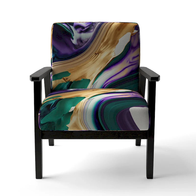 Lignes audacieuses en violet, vert et or : Chaise longue et fauteuil modernes rembourrés