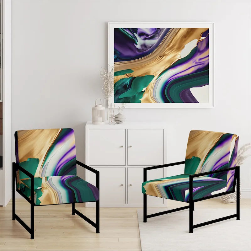 Lignes audacieuses en violet, vert et or : Chaise longue et fauteuil modernes rembourrés