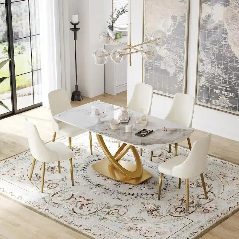 Table à manger de 180 cm avec plateau en pierre frittée blanc antique