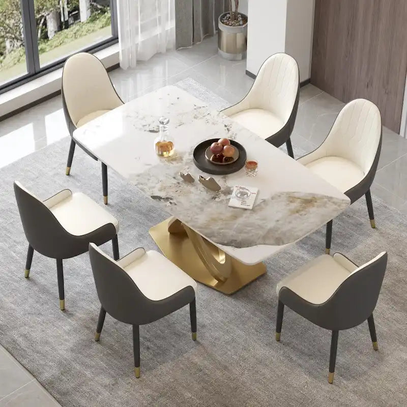 Table à manger de 180 cm avec plateau en pierre frittée blanc antique