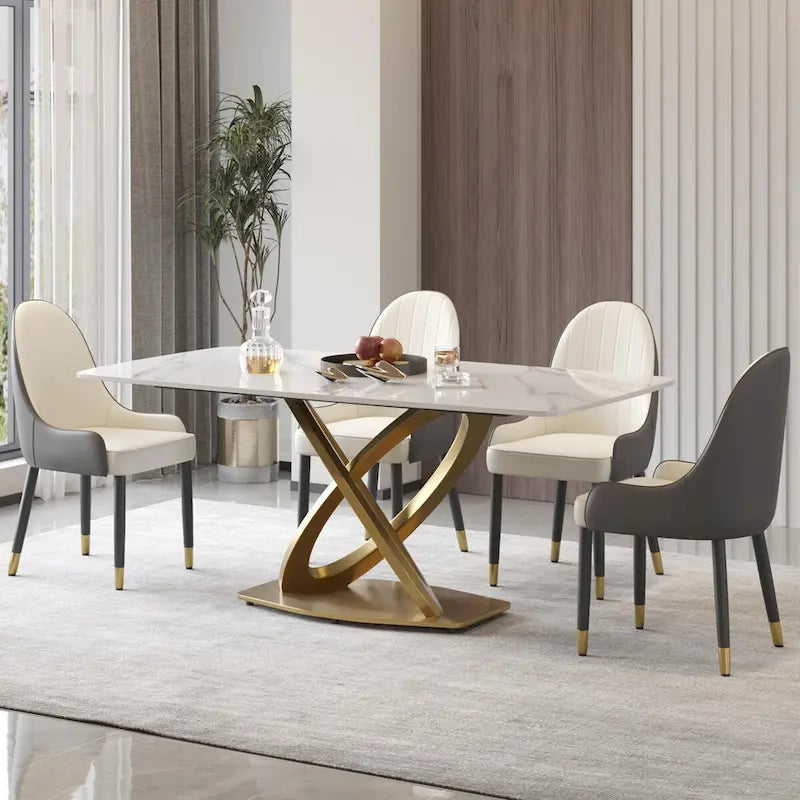 Table à manger de 180 cm avec plateau en pierre frittée blanc antique