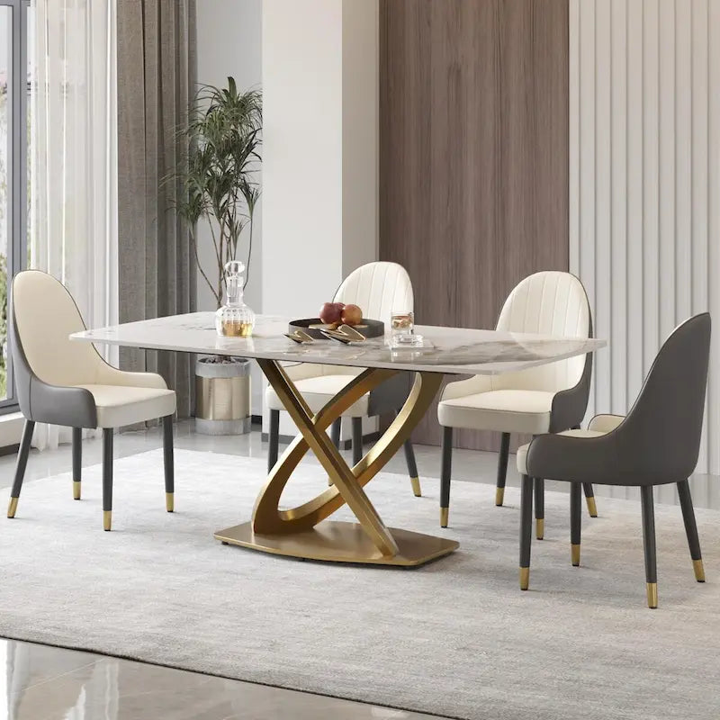 Table à manger de 180 cm avec plateau en pierre frittée blanc antique