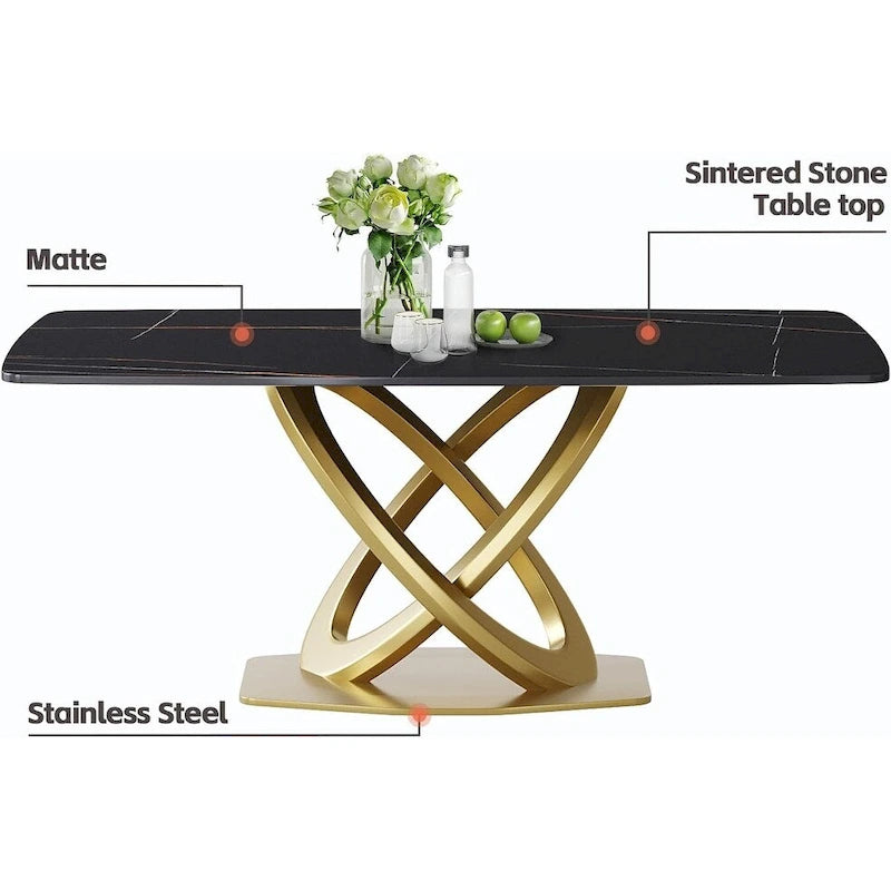 Table à manger de 180 cm avec plateau en pierre frittée blanc antique