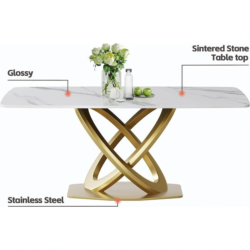 Table à manger de 180 cm avec plateau en pierre frittée blanc antique