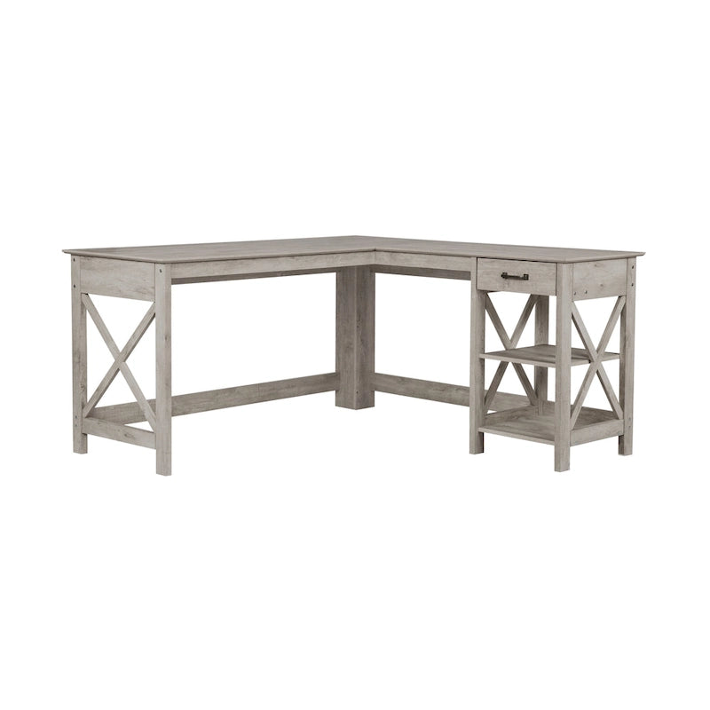 Bureau d'angle gris délavé (avec 1 tiroir et 1 étagère ouverte)
