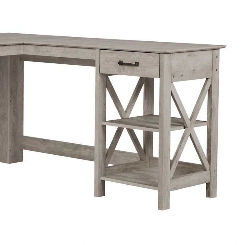 Bureau d'angle gris délavé (avec 1 tiroir et 1 étagère ouverte)