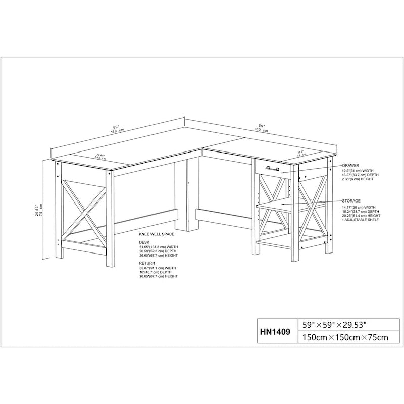 Bureau d'angle gris délavé (avec 1 tiroir et 1 étagère ouverte)