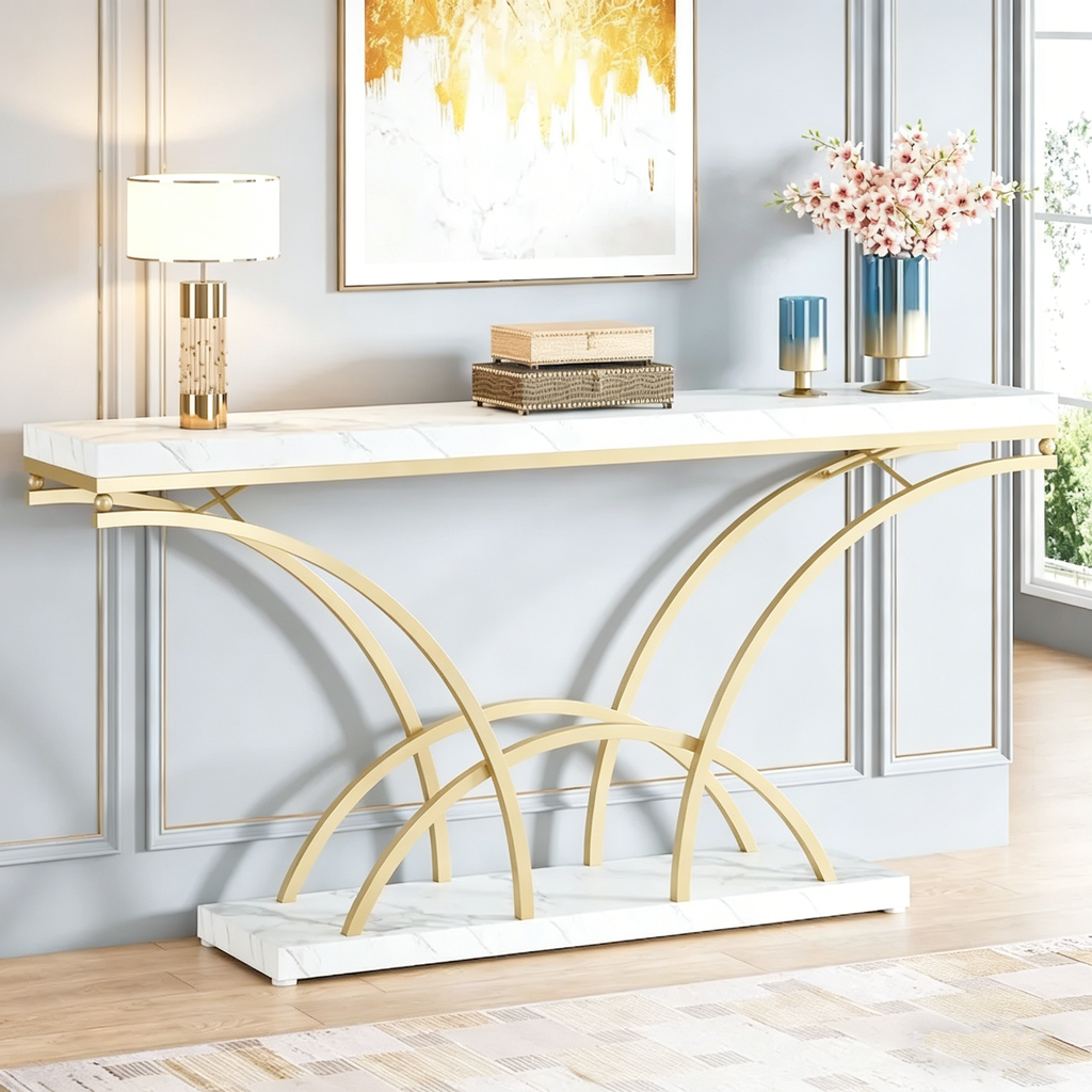 70.9 Table console en faux marbre avec pieds en métal en demi-lune pour entrée, tables d'appoint pour salon